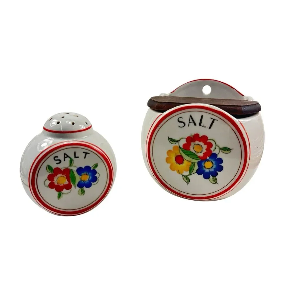 Vintage Japan Salt Box & Range Salt Shaker Floral Red Trim Wood Lid Ceramic